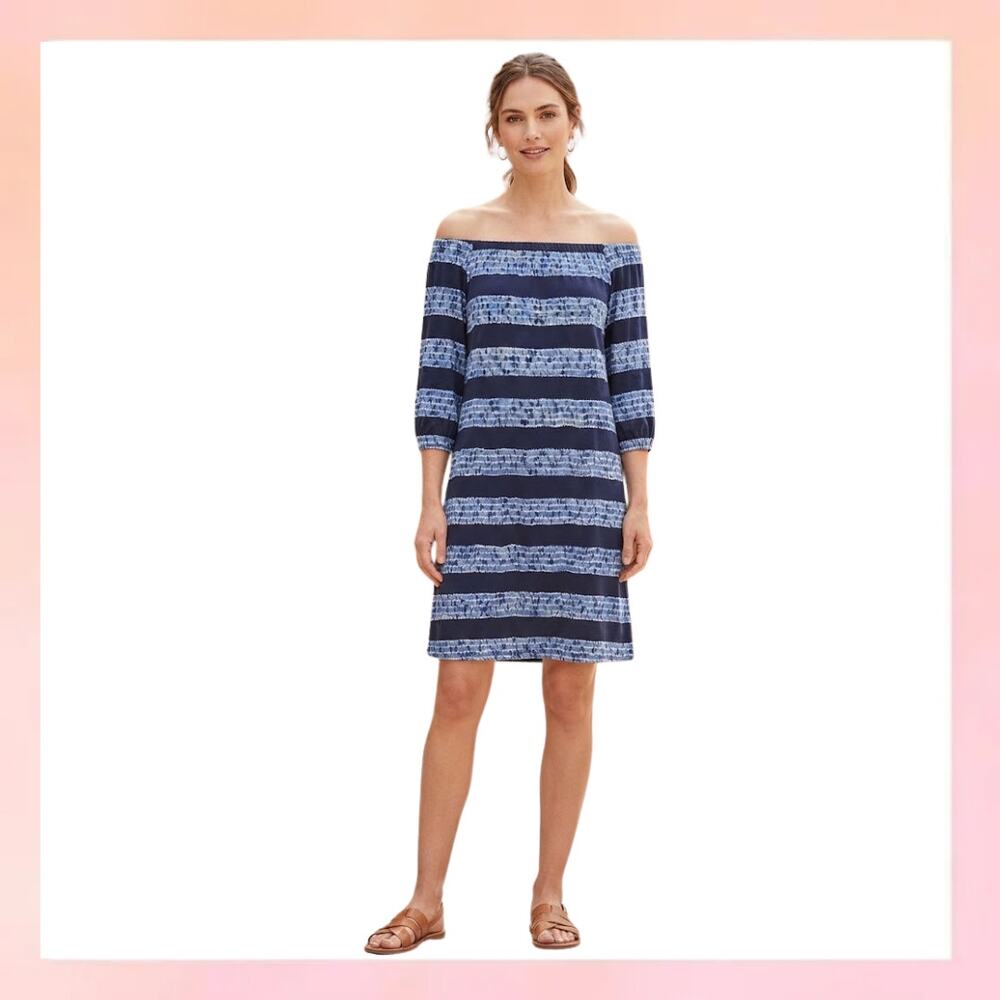 Michael Kors Blue Tie-Dye Striped Off The Shoulder Dress Size M